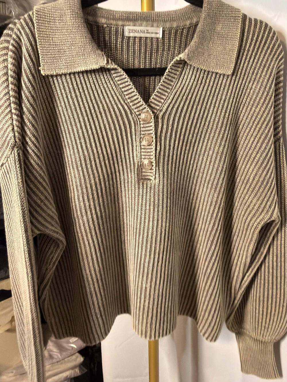 Zenana Outfitters Taupe Ribbed V-Neck Polo Sweater
